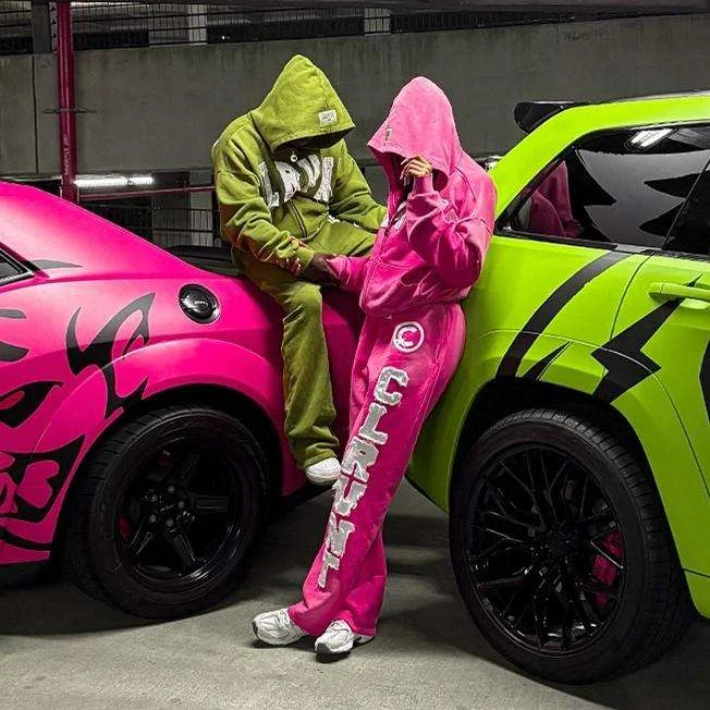 Y2K Streetwear Distressed Embroidery Applique Sweatsuit Thick French Terry Acid Wash Tracksuit Baggy Sweatpants and Hoodie Set gallery 2