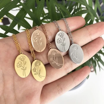 Birth Mother Flower Neckalce 2021 New Month Necklace For Women Gift For Mom Gold Color Oval Pendant Necklace Collar Girl Jewelry