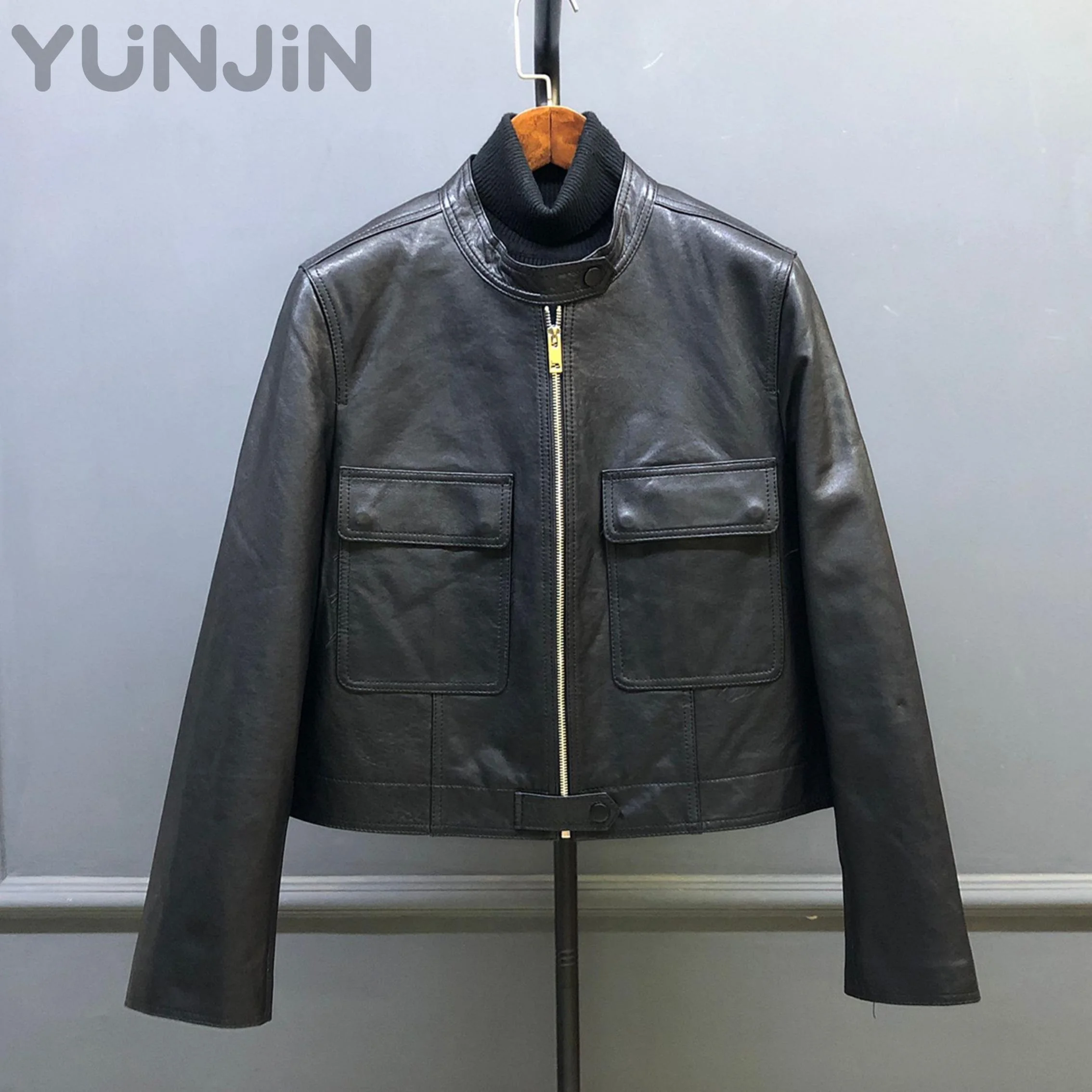 Petite Women Sheep Leather Jacket Short Biker Style