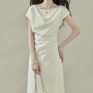 Custom High Quality Casual Spring Summer  Midi A-Line Slimming Pleated Look for Office Vacations Outings Women's Dress