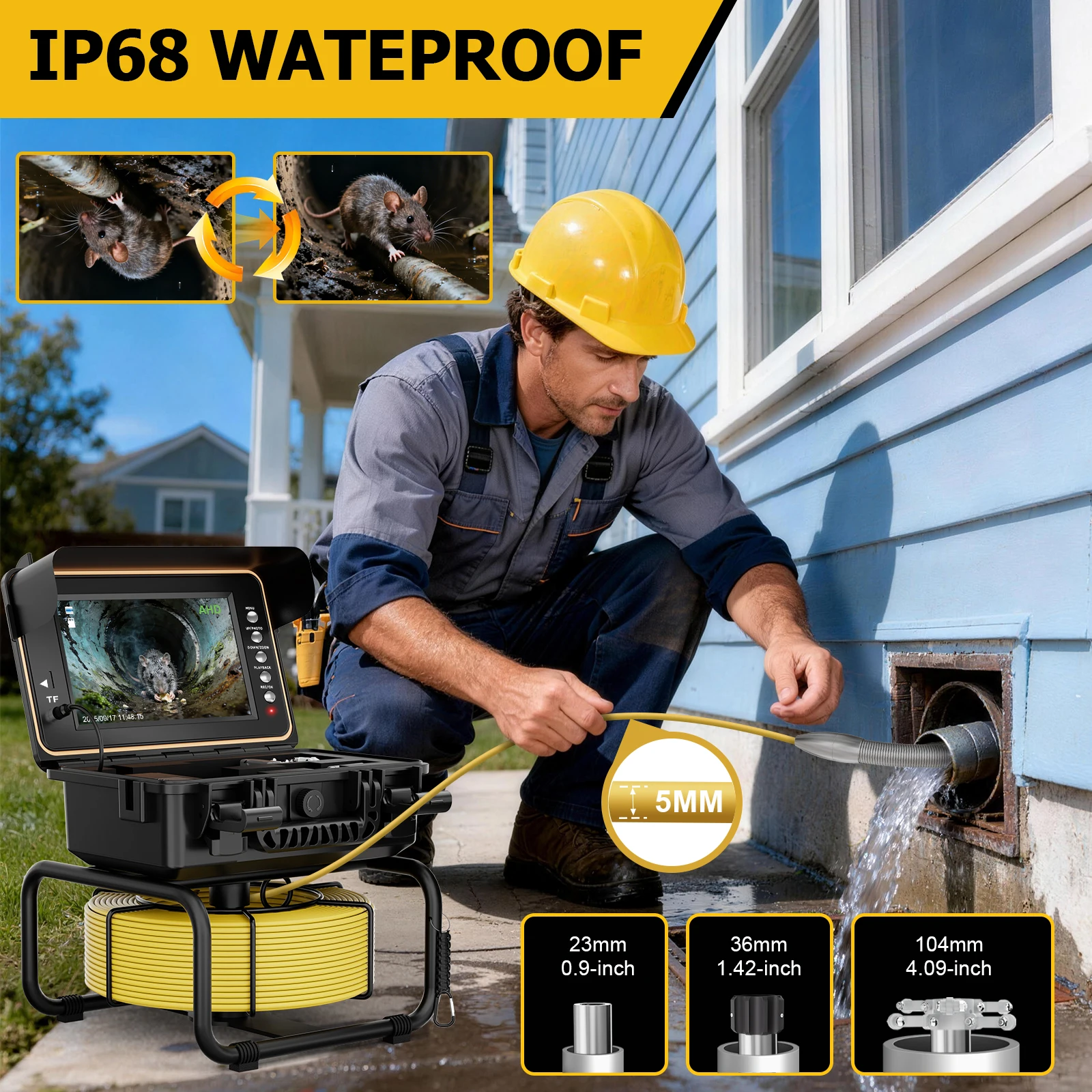 9" Sewer Camera With 165 Ft/50m Cable – Self-Leveling, 512Hz Transmitter, 23mm Camera, 4500mAh, WP9612FT