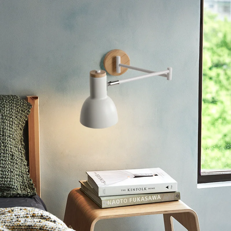Modern E27 LED Lustre Wall Lamp Indoor Iron Wood Base with Rotatable Swing Design for Hotel or Bedroom Decoration - Image 4