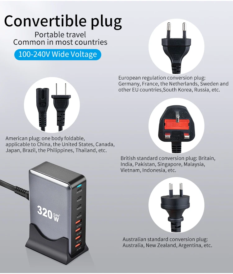 320W Gan多端口电站超快速充电便携式充电器,适用于平板电脑笔记本电脑iPhone Desktop-100W电源适配器