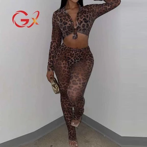 GX8667 Fashion Spring Fall Women Clothing Boutique Street Wear Long Sleeve Mesh See Through Leopard Tops and Pant 2 Piece Set