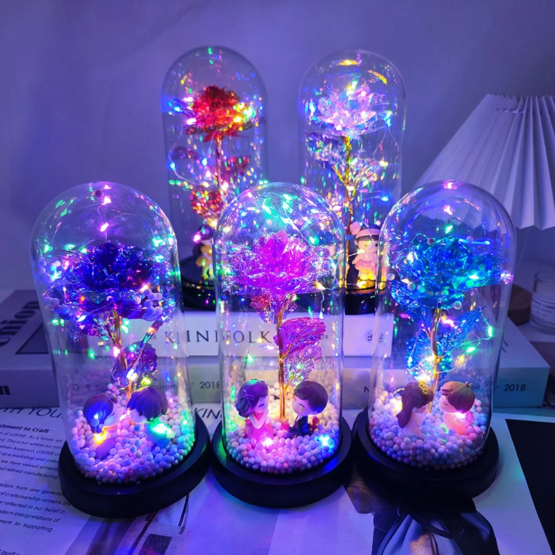 Galaxy Rose In Glass Dome With LED Light - Eternal Forever Flower Gift For Mom, Wife, Birthday & Anniversary