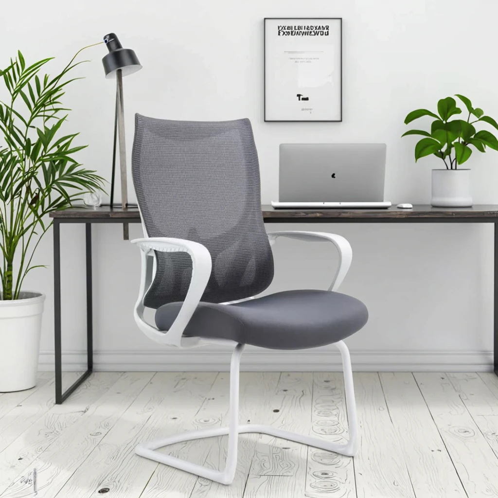 White Arched Base Modern PU Ergonomic Lift Chair Adjustable Height Fixed Fiberglass Armrest Solid Steel Structure 2