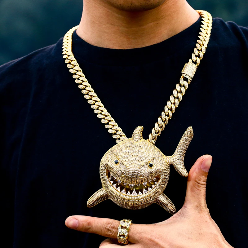 Men's Hip Hop Jewelry - Iced Out Shark Pendant Necklace in 18K Gold and ...