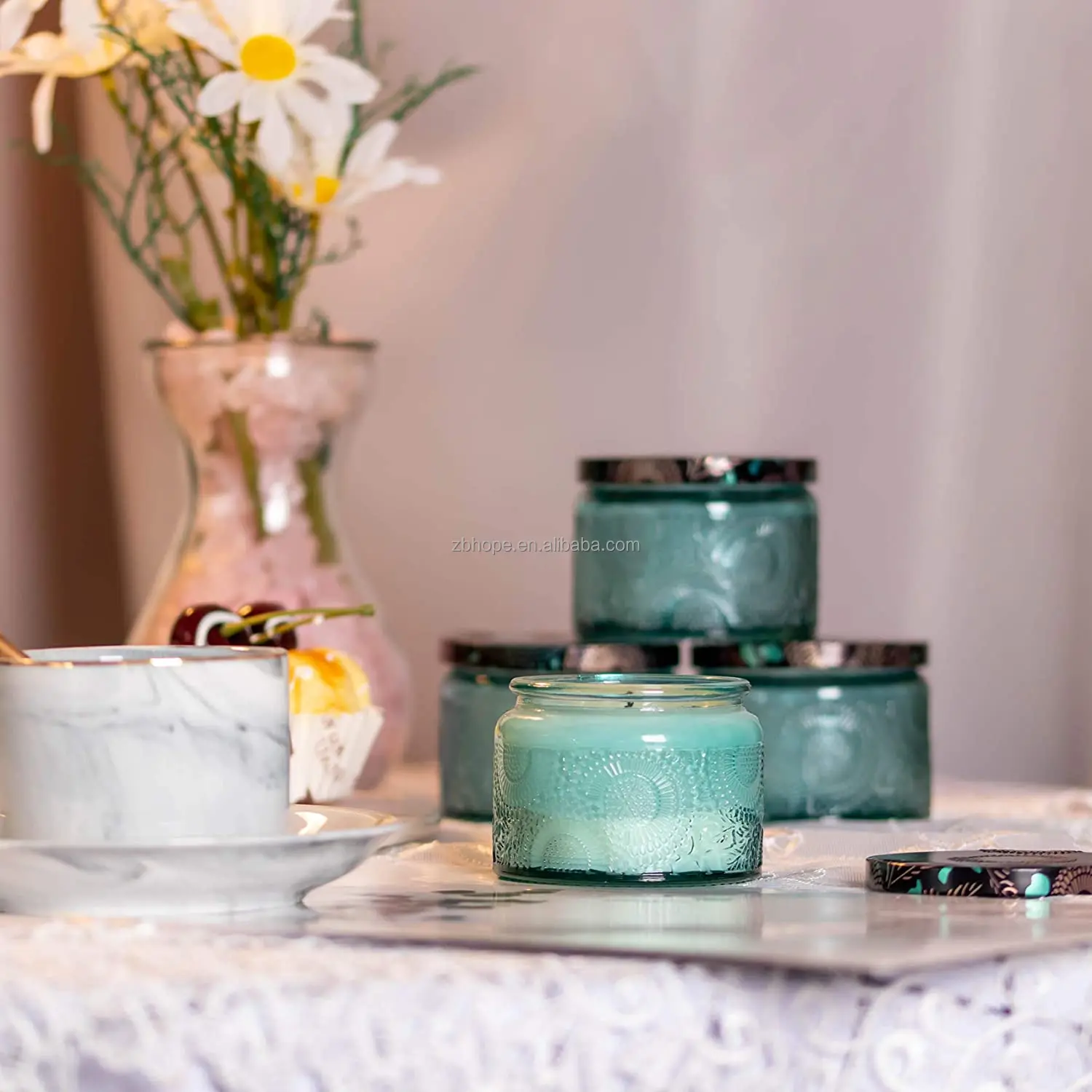 Blue Glass Candle Jar Round Container With Lid For Party Home