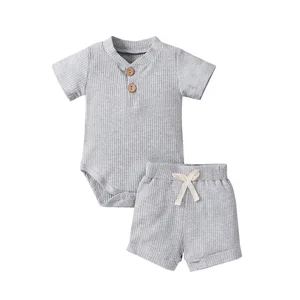 Wholesale Baby Clothing Set Cotton Short Sleeve Rib Solid Shorts Two-Piece Outfits for Kids Summer Baby Clothes
