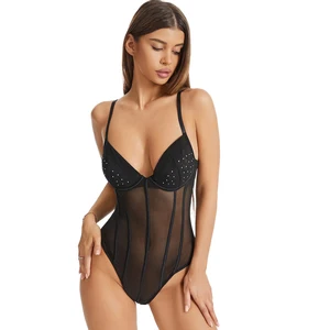 Lism Custom Print logo Elegant One Piece Sleeveless Transparent Ladies See Through Lingerie Black Sexy Women Mesh Bodysuits