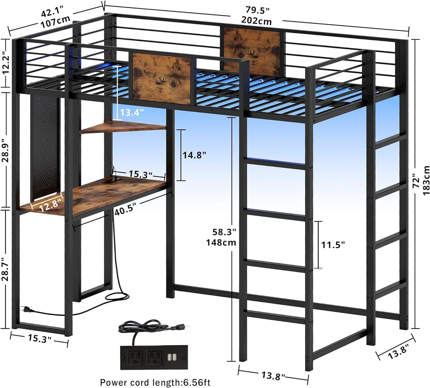 Factory Wholesale Metal Loft Bed Double Bed with Desk and Shelf 2 Built-in Ladders Power Outlets & LED Lights for Hotel Use