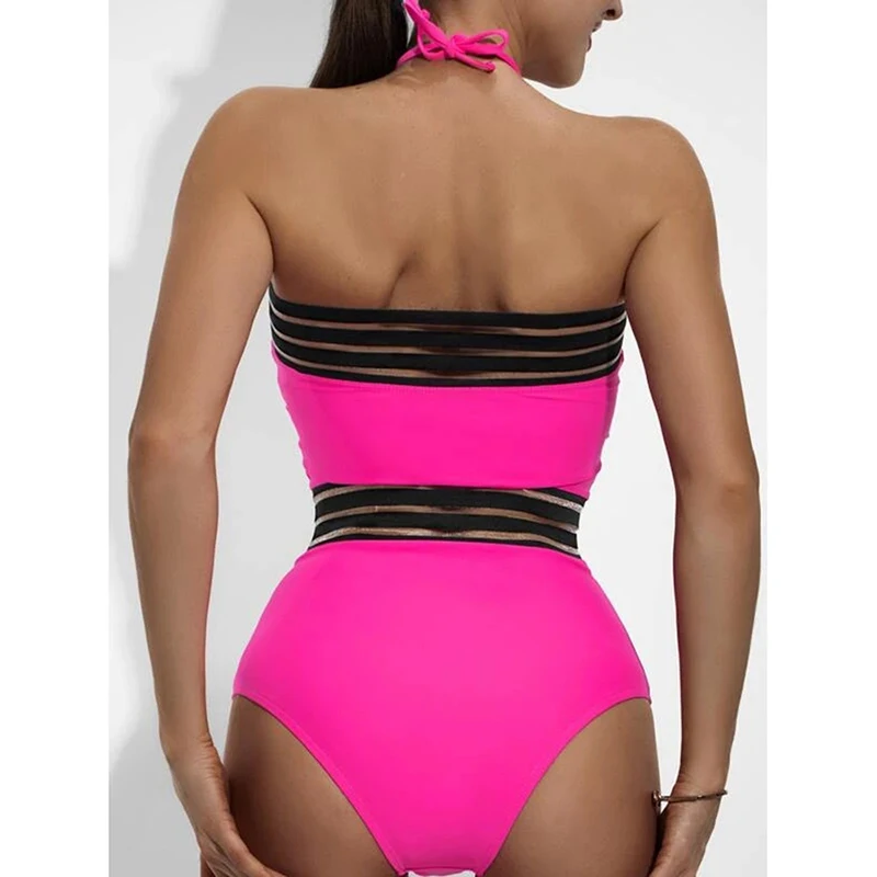Women Solid Color Bathing Suits Swimsuit Beachwear Mesh Swimwear Vintage One Piece Bikini 2023