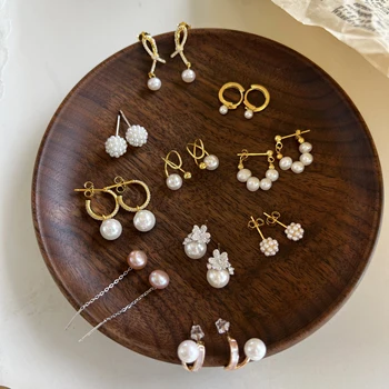 Fashion Drop Earrings Vintage Pearls Geometric Statement Women Jewelry 925 Sterling Silver Fresh Water Pearl Hoop Earring Studs