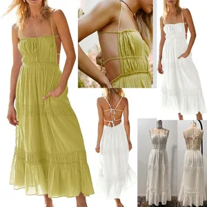 Hot Selling Fashionable Pleated Clothing Slim Fit Backless Women Casual Summer Sexy Maxi Dresses