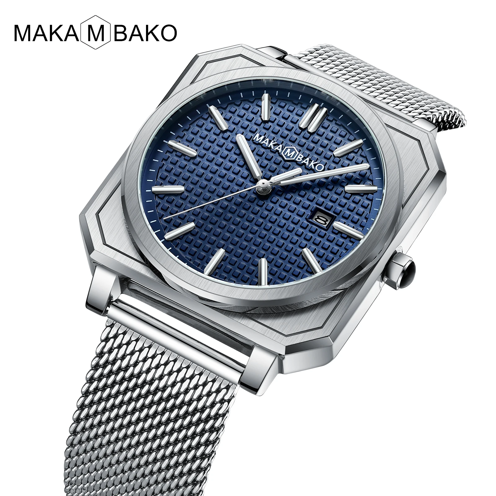 MAKAMBAKO 5601 Classic Silver Mens Quartz Watch Best Mesh Strap square Date  Display Concise Leisure Wristwatch