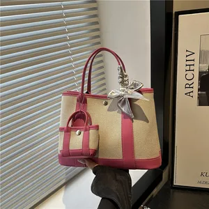 2 in 1 Set Handbags Top Handle with Scarf Decoration Luxury Handbag Large Tote Bag Canvas Shoulder Bags Purse for Lady