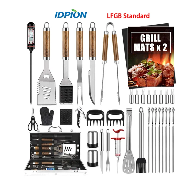 IDPION LFGB 38 Pieces Promotional Custom Logo Grill Utensil Kit BBQ Accessories Tools Set BBQ Tool Set with Wood Handle