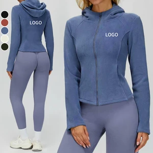 Custom Logo Women's Zipper Hoodie Jacket Fleece Slim-Fit Solid Color Windproof Keep Warm Casual Yoga Jacket with Pocket