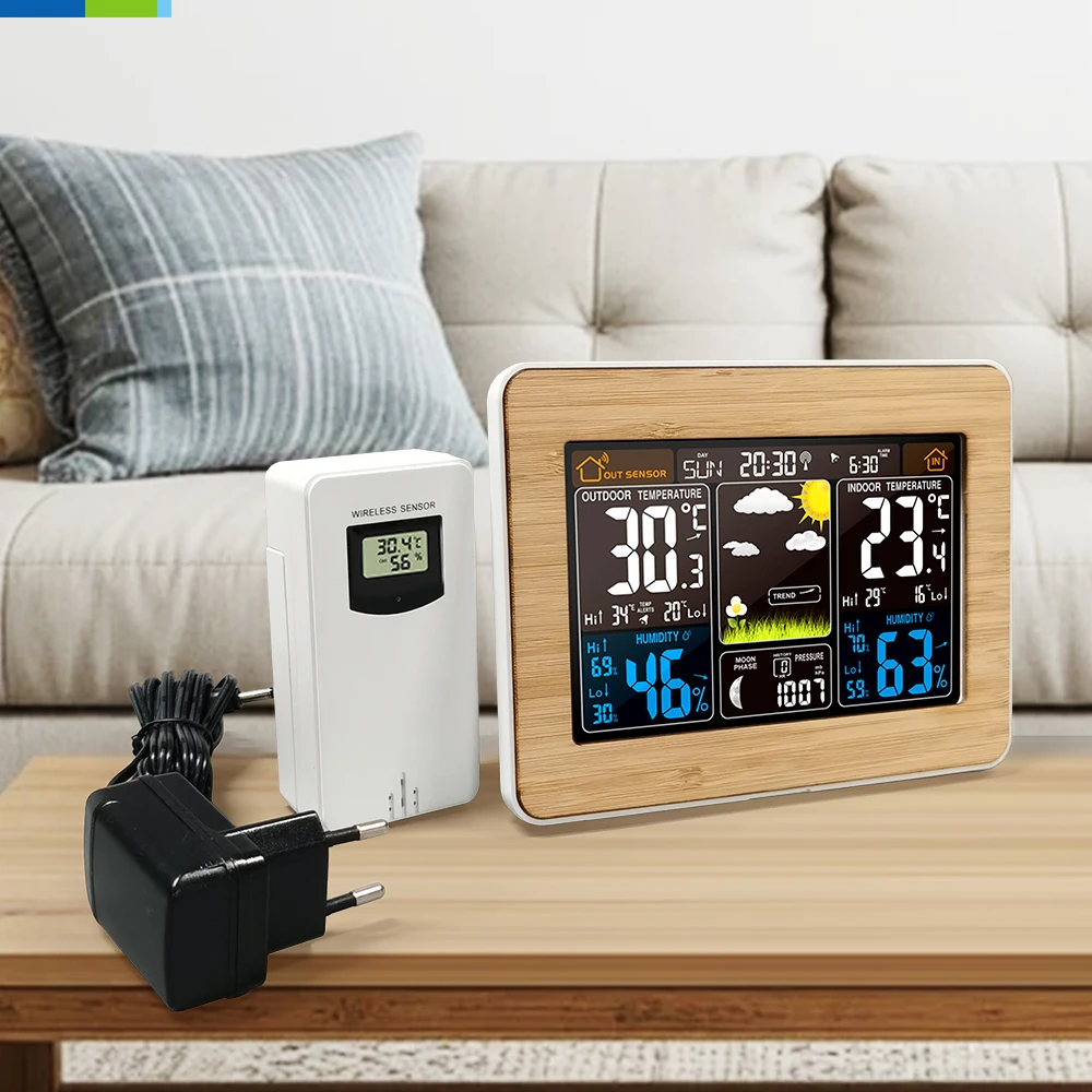 Digital Weather Station LCD Color Display Alarm Clock Wireless Sensor Living Room Office Use Battery Includes Barometer