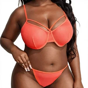 Neon Orange ODM Sexy Plus Size Firm Control Hollow Out Lingerie Underwire Bra Set Two Piece Women Underwear