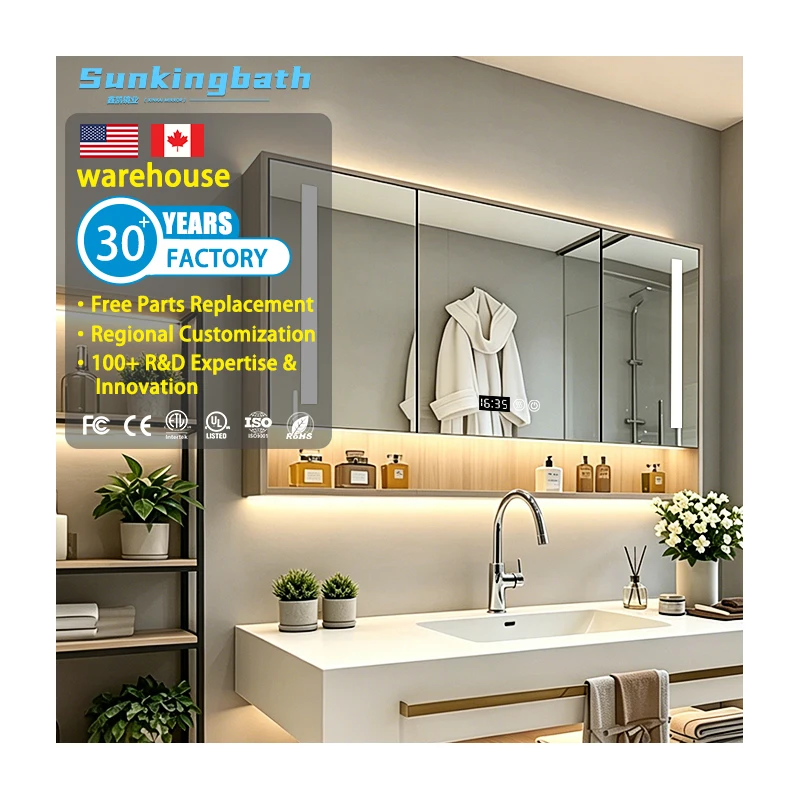 OEM Hot-Selling Led Mirror Bathroom Cabinet Anti-Fog Makeup Mirror Cabinet  Bathroom Mirror with Led Light and Cabinet for Hotel