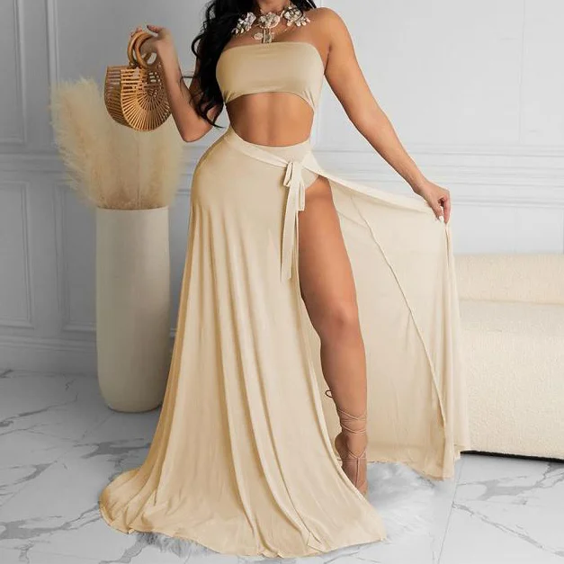 Sexy Crop Tub Top High Slit Maxi Skirts 