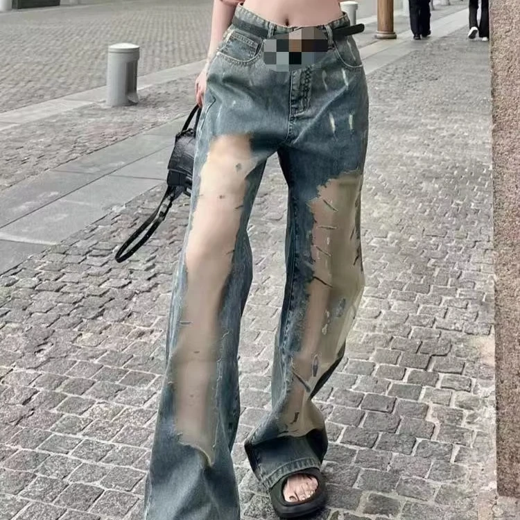 Y2K Style Blue Sheer Ripped Skinny Pants - See-through Mesh Denim