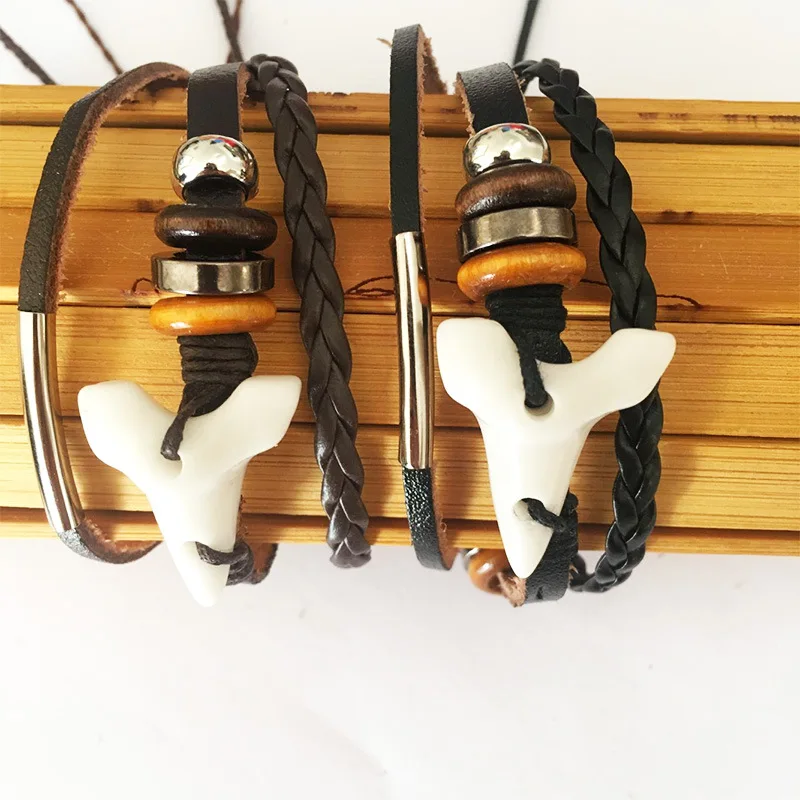 Customize Handmade Brown Ox Bone Tooth Hemp Leather Bracelet for Men