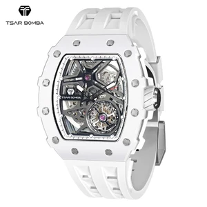 For Luxury Automatic Mechanical Mens Watch Carbon Fiber Case Tonneau Shape Analog Dial Display Rubber Water Resistant