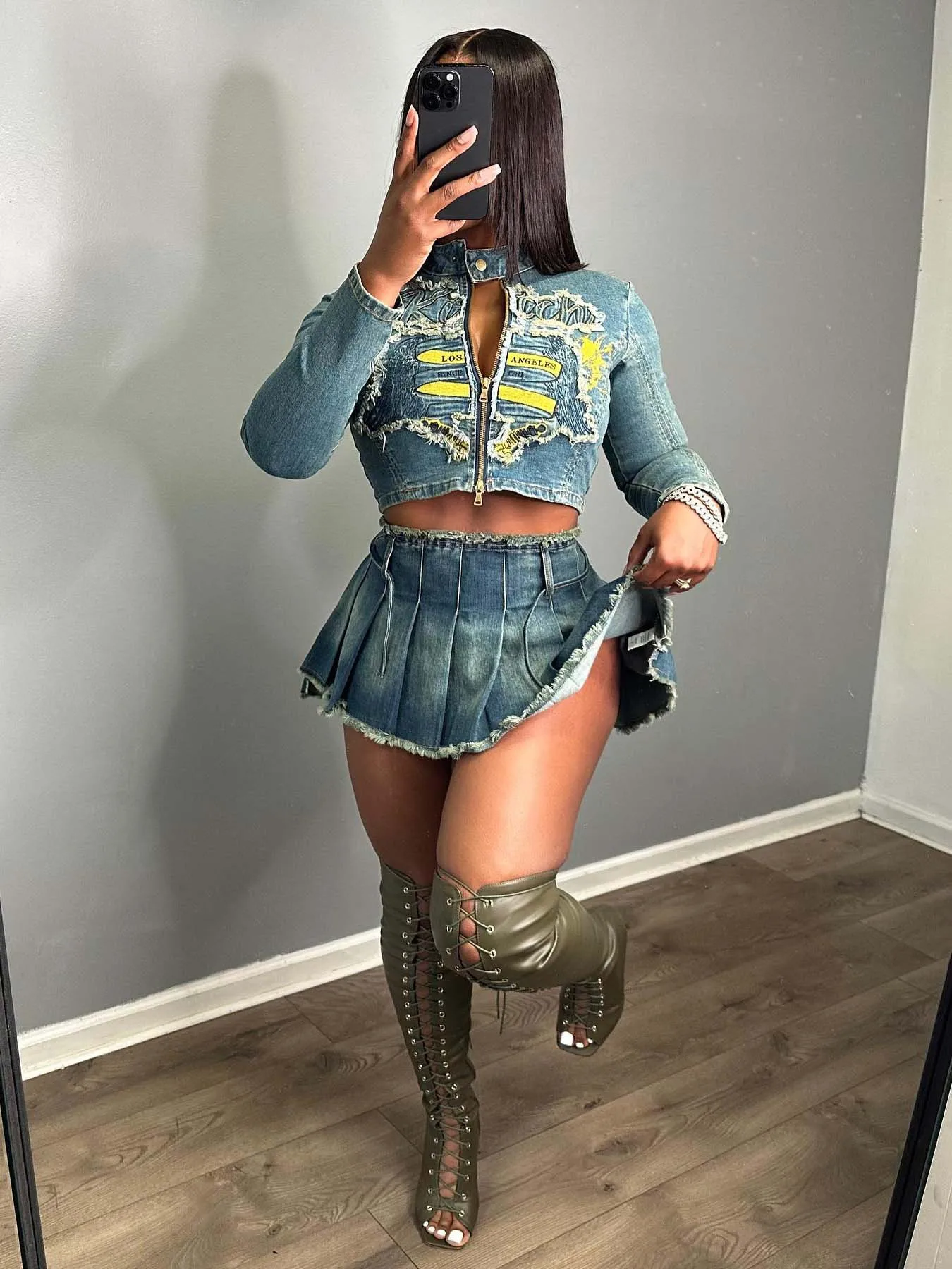 Fashion 2025 Clothing Women Boutique Casual Women Denim Outfit Long Sleeve Embroidery Jacket and Mini Skirt 2 Piece Set details