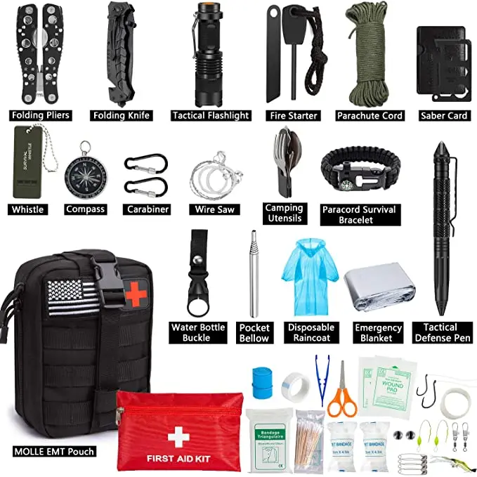 Emergency Survival Kit 47 in 1 Professional Survival Gear First Aid Kit SOS Tactical Flashlight  with Black Molle Pouch