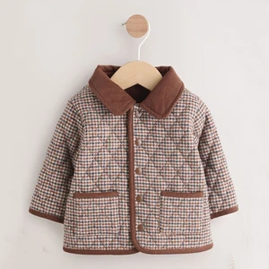 Custom Brown Heritage Check Pattern Quilted Baby Boys Winter Jacket Eco-Friendly Fleece Lined Turn-Down Collar Garment Dyed