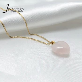 18K Gold Chain Stainless Steel Jewelry Pink Stone Heart Design Rose Quartz Necklace
