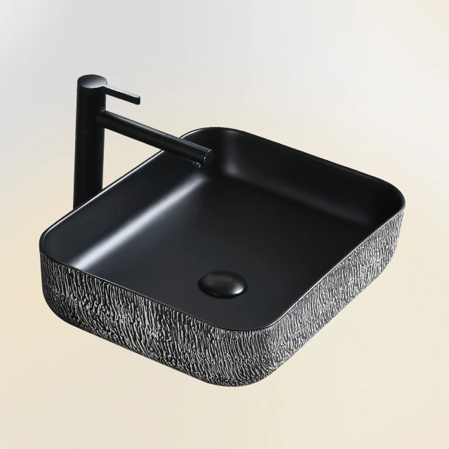 Decor Ceramic Matte Black Color Counter Top Sink Bathroom Art Rectangular Cabinet Basin