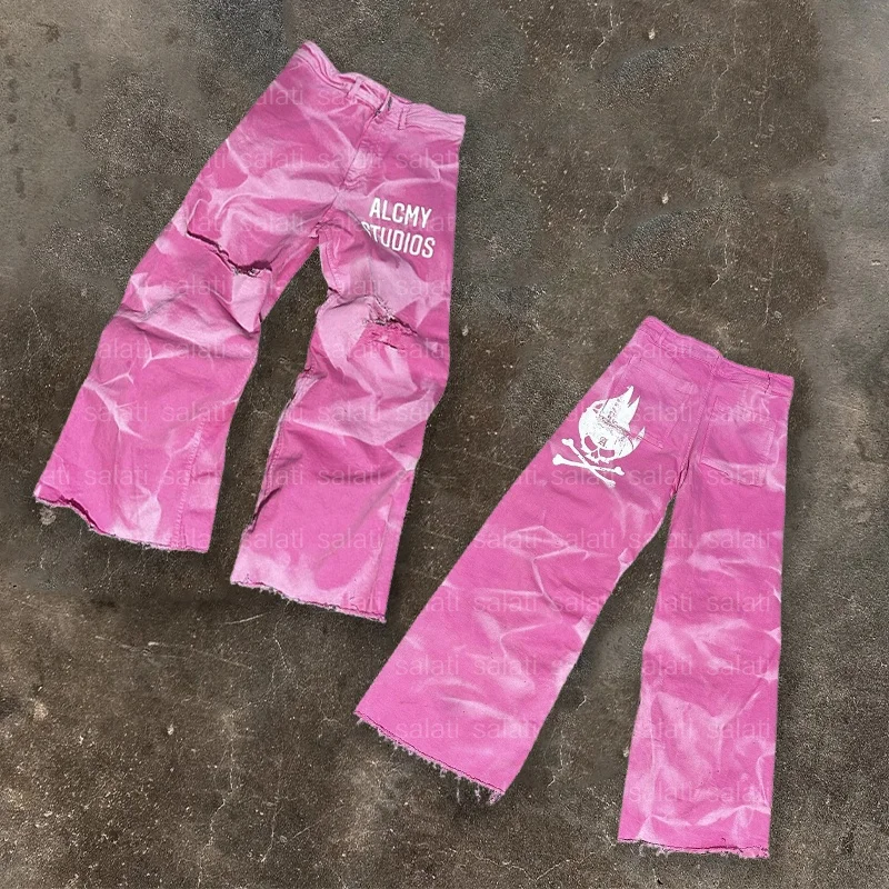 Custom Hip Hop Streetwear Unisex Print Ripped Acid Wash Baggy Oversized Straight Wide Leg Flared Jean Trouser Denim Pant for Men gallery 2