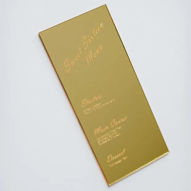 Золотистое зеркало на заказ акриловая Свадебная карта меню с гравировкой