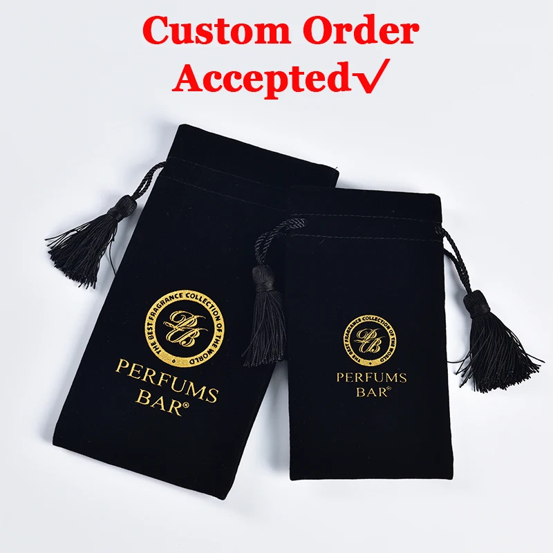 Custom Gift Packaging Dust Drawstring Velvet Perfume Bottle Pouch Black Shiny Satin Velvet Bag for Candle