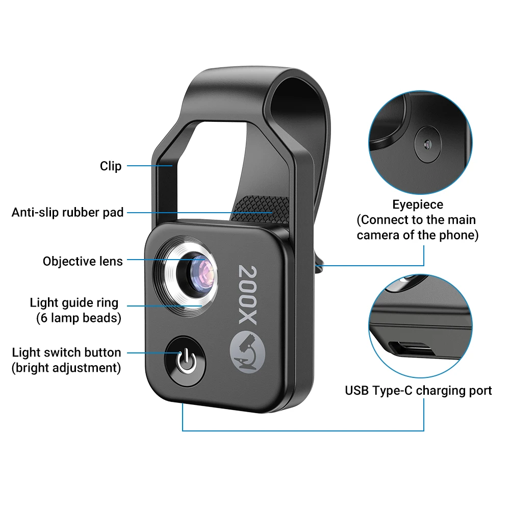 APEXEL Universal Clip 2022 New Mini Mobile Phone Microscope Magnifier 200X Optical Microscope Camera Lens with LED Lights