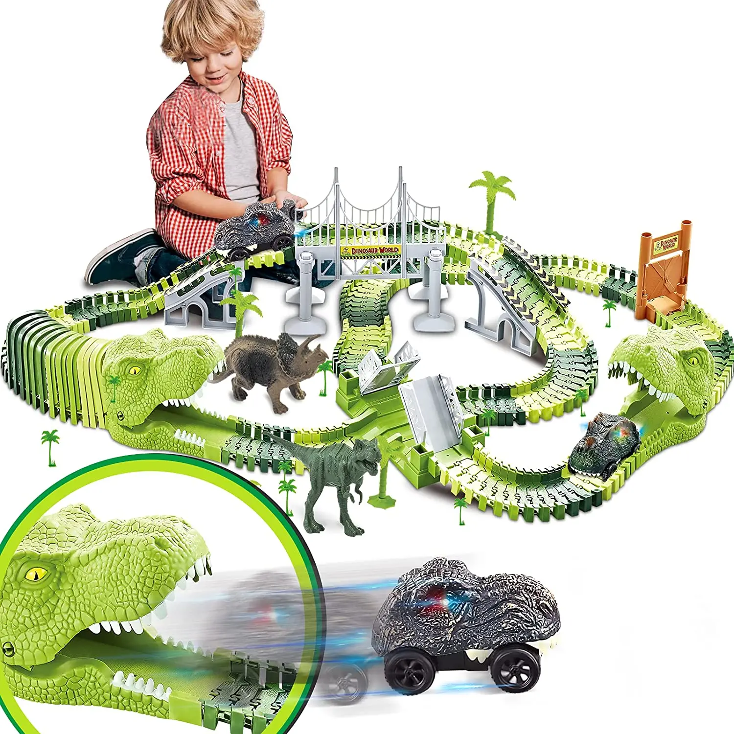 Brinquedos de Dinossauro, 260 Pcs Dinossauro Carro Corrida De Brinquedo com  3 Carros Veículo, 7 Dinossauros e 2 Cabeça de Dinossauro, 250 Trilhos  flexíveis playset melhor presente para meninas meninos idade 3