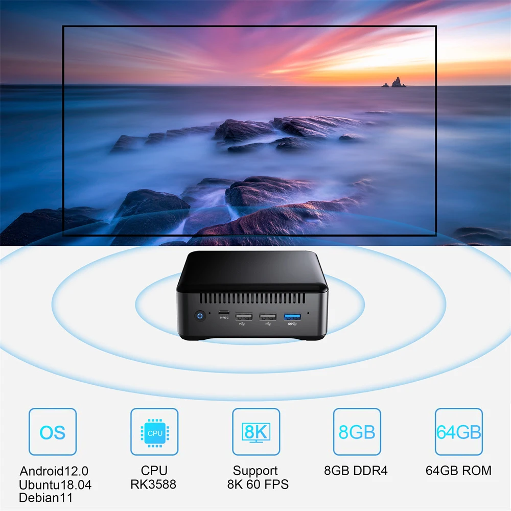 Android 12 TV Box Rockchip RK3588 Octa Core HD Input Dual Displays 8GB RAM DDR4 64GB ROM True 8K Android Mini PC