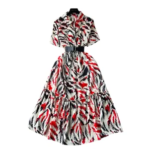 Women's New French Vintage Summer Casual Dresses Anti-Static Midi Long Sleeve Polo Collar Printed Ruffled Waist Short Sleeve