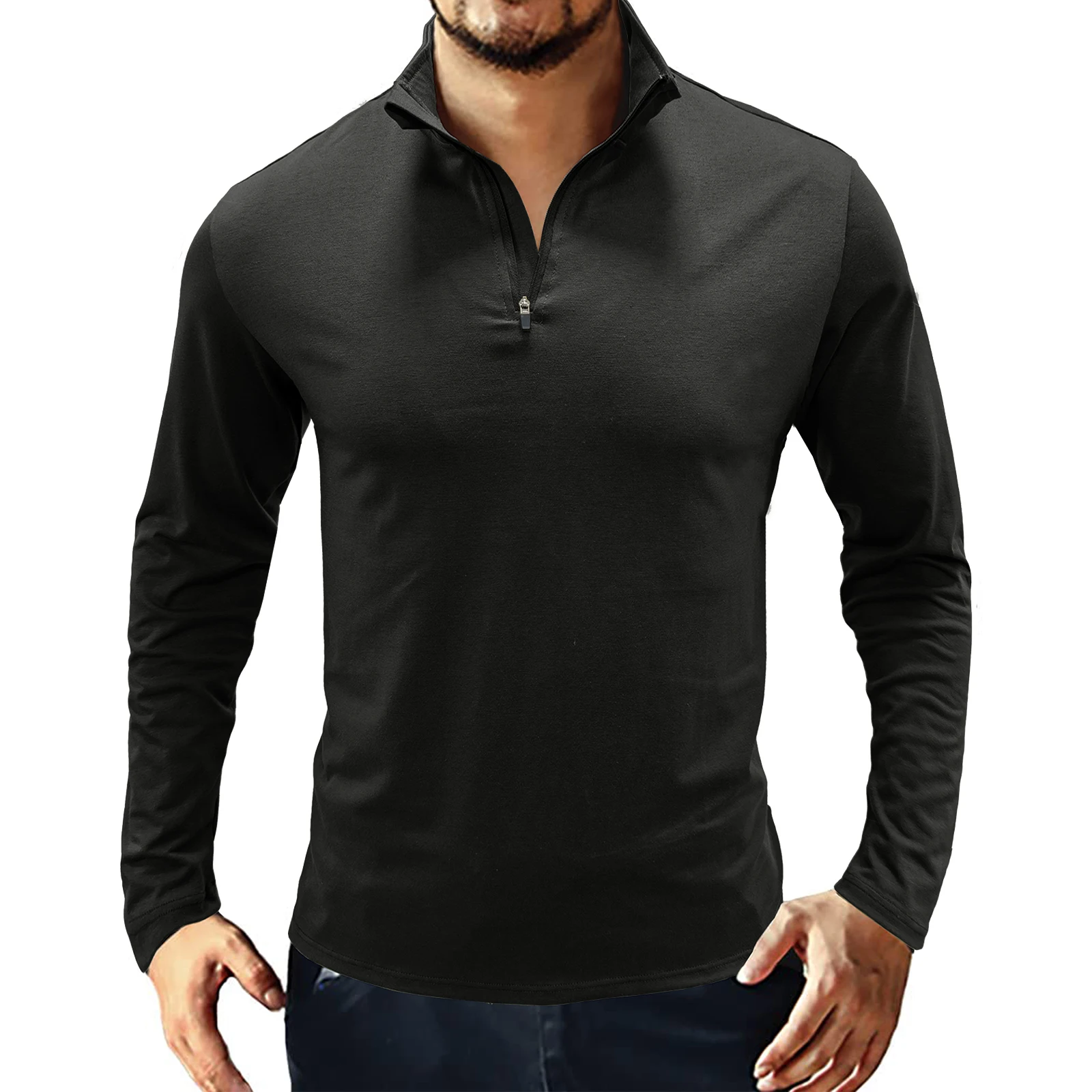 T-shirt da uomo Europea Americana colletto rialzato pullover con cerniera Polo camicia da combattimento a maniche lunghe da allenamento957_voghion.com