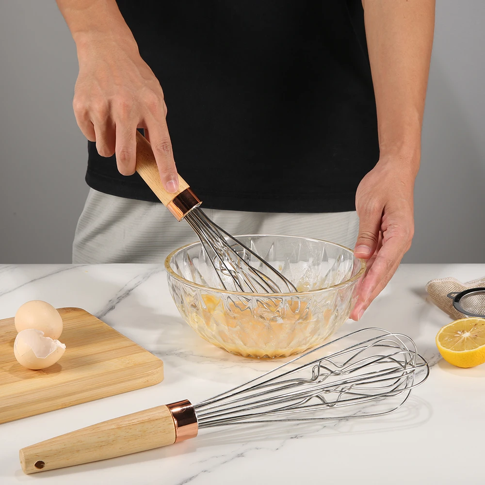 Multi-Function Stainless Steel Wire Egg Beater Non-Stick Kitchen Whisk Wooden Handle Whisking Frothing Stirring Batters Tool