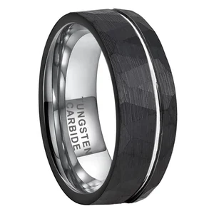 Coolstyle Jewelry 8mm Black Two Tones Hammered Offset Line Tungsten Carbide Ring for Men Women Fashion Wedding Band Comfort Fit