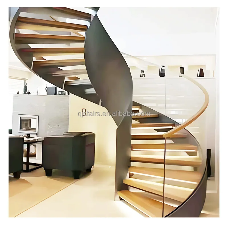 Modern Design Steel Wood Spiral Staircase Kit with Glass Railing for Villa Hotel Made China Wooden Tread Armrest Floating Stairs