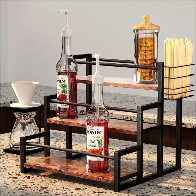 3 Tier Coffee Syrup Display Rack,12 Bottle Storage Coffee Syrup Stand With Basket wooden wine rack