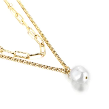 Double layer chain titanium vintage pearl necklace gold plated stainless steel jewelry baroque pearl pendant necklace