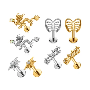 G23 Titanium Piercing 16G Labret Lip Studs Zircon Waterproof Earrings Dragons Style Flat Back Piercing New Design Jewelry
