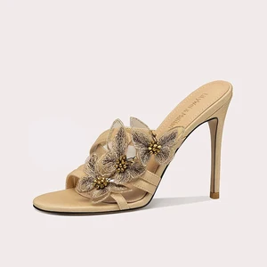 New Summer Fashionable Super High-Heeled Slippers Golden Flower Open-Toe Stiletto Luxury Shoes for Women