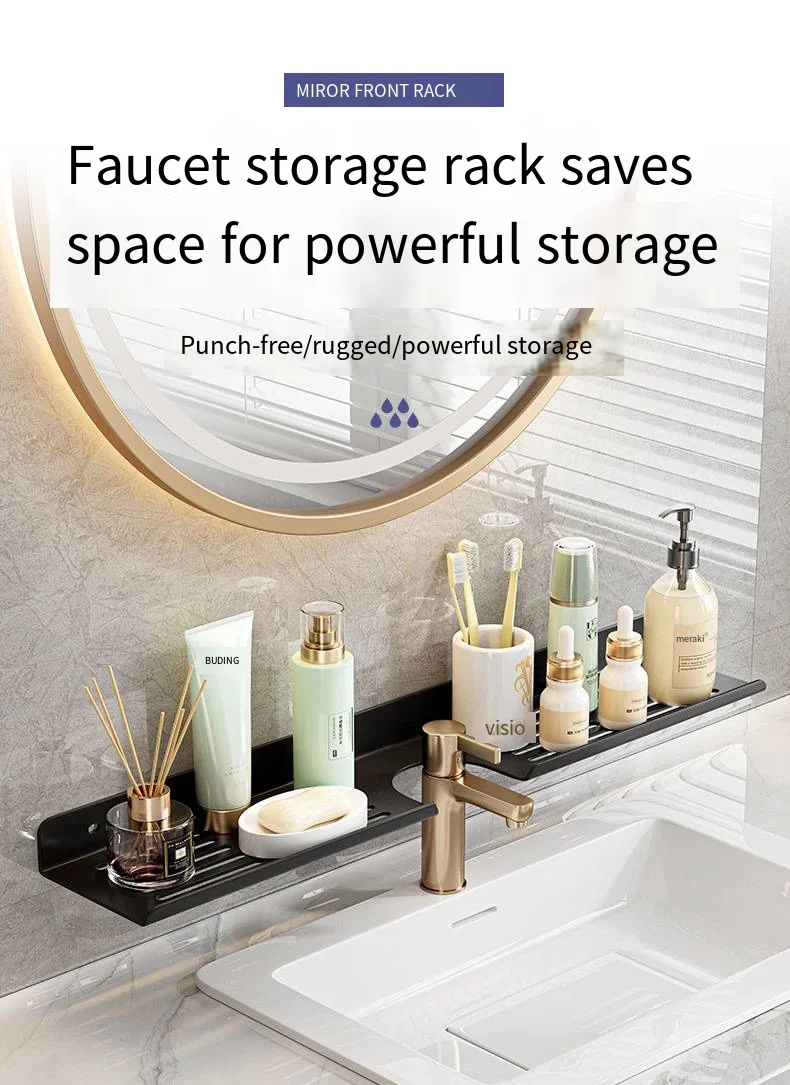 Bathroom mirror front shelf wall hanging faucet Bathroom sink toiletries storage line plate perforation-free details